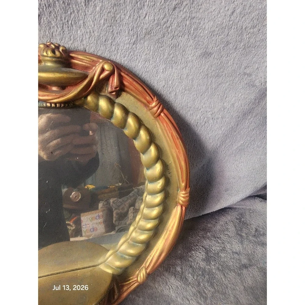 Vtg. Ornate Hollywood Regency Gold Red Wall Mirror Rope Genie Lamp Chalkware MCM